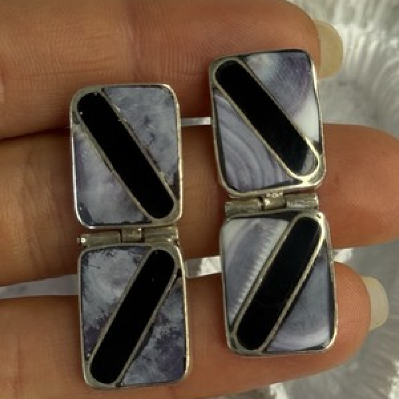 Vintage 925 Sterling Silver Agate & Onyx Earrings Length 1.50 Inch