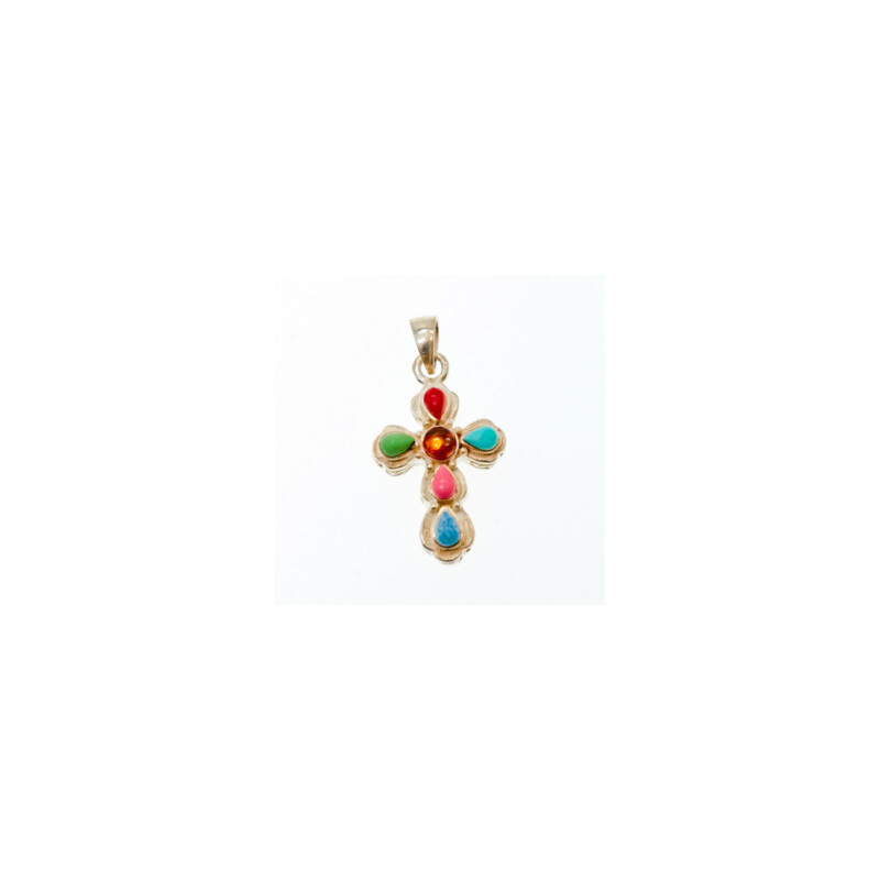 925 Sterling Silver Multicolor Agate Cross Pendant