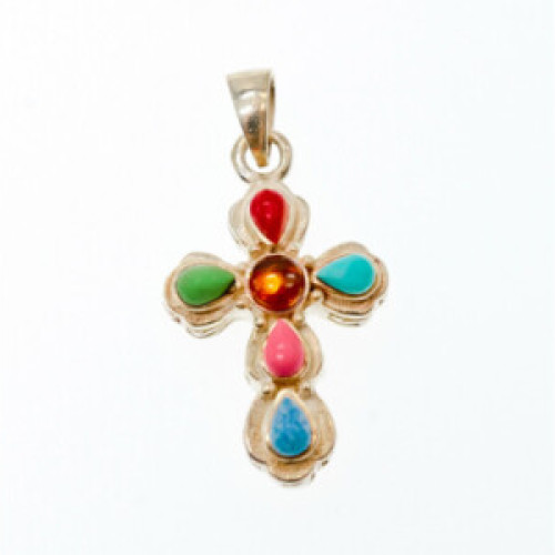925 Sterling Silver Multicolor Agate Cross Pendant