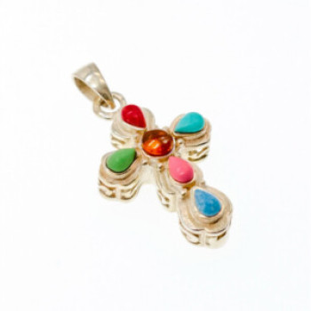 925 Sterling Silver Multicolor Agate Cross Pendant