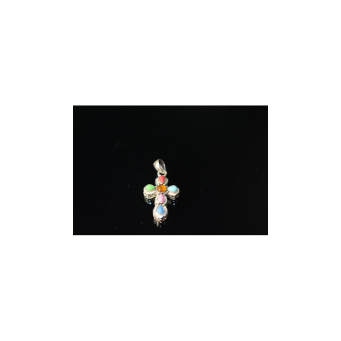 925 Sterling Silver Multicolor Agate Cross Pendant