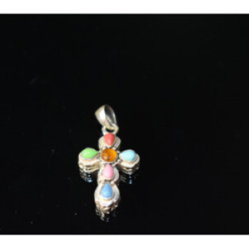 925 Sterling Silver Multicolor Agate Cross Pendant