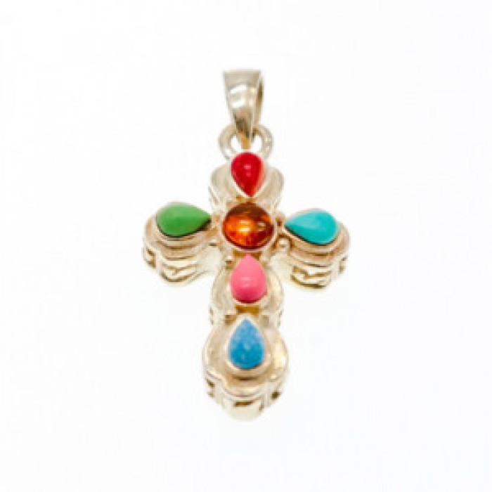 925 Sterling Silver Multicolor Agate Cross Pendant