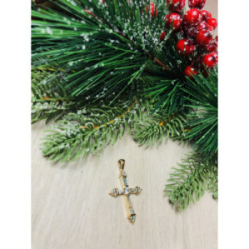 925 Sterling Silver Gold Plated Blue CZ Cross Pendant