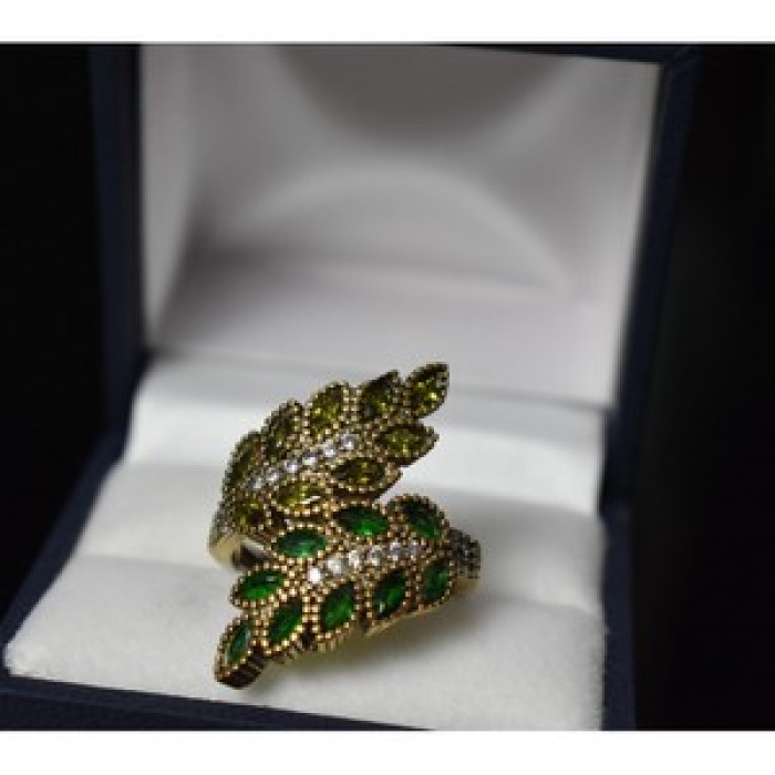 925 Sterling Silver With Gilding Green Alpanite & CZ Ring Size 8.5