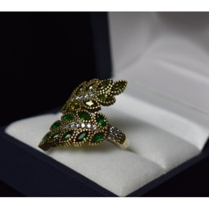 925 Sterling Silver With Gilding Green Alpanite & CZ Ring Size 8.5