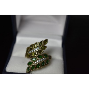 925 Sterling Silver Gold Plated Green Alpanite & CZ Ring Size 8.5