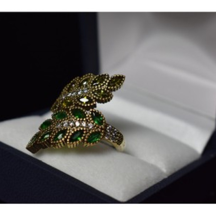 925 Sterling Silver With Gilding Green Alpanite & CZ Ring Size 8.5