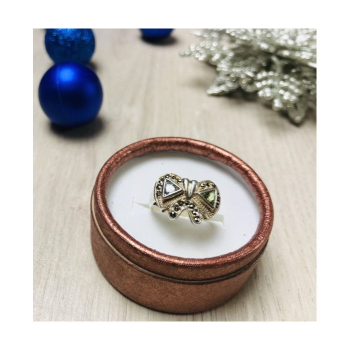 925 Sterling Silver Blue Topaz, Green Peridot & Marcasites Ring Size 6.5