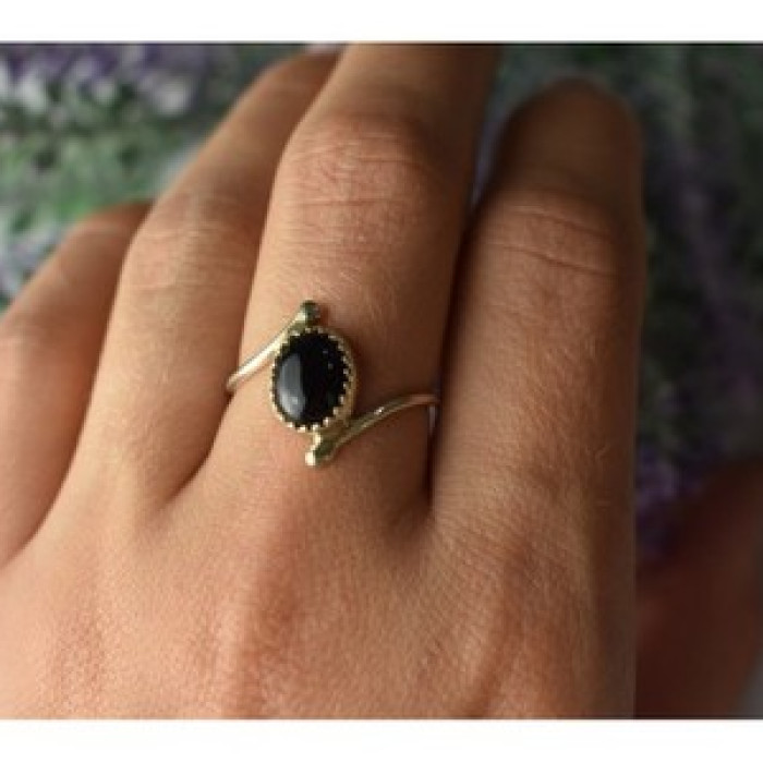 925 Sterling Silver Black Agate Ring Size 8
