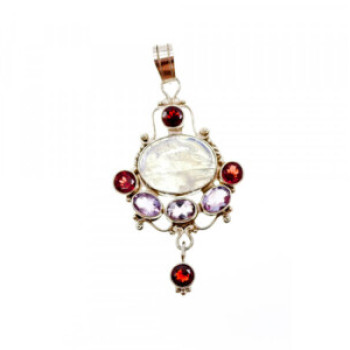 925 Sterling Silver Moonstone, Amethyst & Garnet Pendant