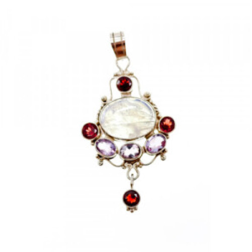 925 Sterling Silver Moonstone, Amethyst & Garnet Pendant
