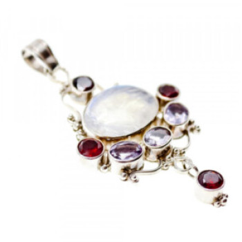 925 Sterling Silver Moonstone, Amethyst & Garnet Pendant