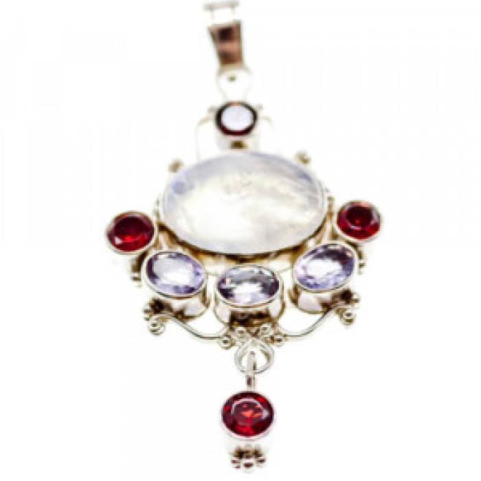 925 Sterling Silver Moonstone, Amethyst & Garnet Pendant