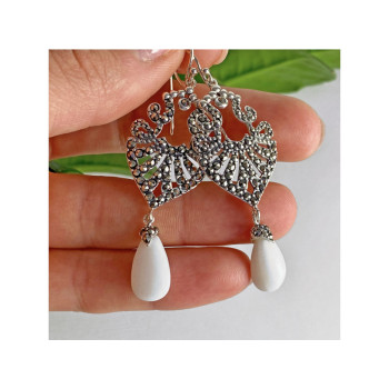 925 STERLING SILVER MOTHER OF PEARL & MARCASITES EARRINGS
