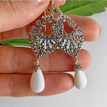 925 Sterling Silver Mother OF Pearl & Marcasites Earrings
