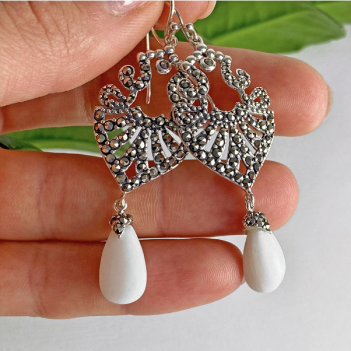925 Sterling Silver Mother OF Pearl & Marcasites Earrings
