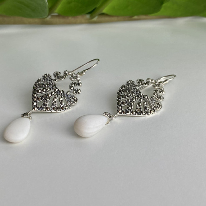 925 Sterling Silver Mother OF Pearl & Marcasites Earrings