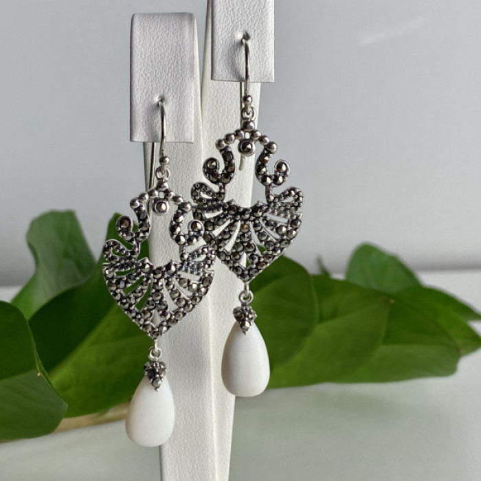 925 Sterling Silver Mother OF Pearl & Marcasites Earrings