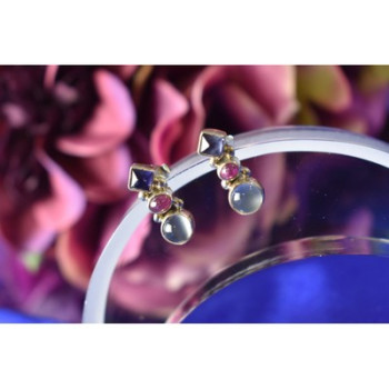 925 Sterling Silver Moonstone, Sapphire & Ruby Stud Earrings