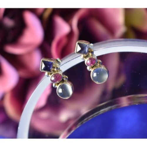 925 Sterling Silver Moonstone, Sapphire & Ruby Stud Earrings
