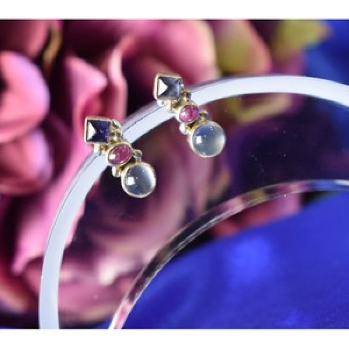 925 Sterling Silver Moonstone, Sapphire & Ruby Stud Earrings