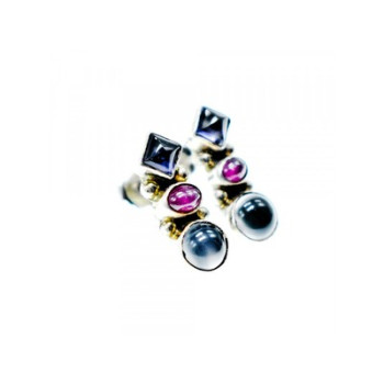 925 Sterling Silver Moonstone, Sapphire & Ruby Stud Earrings