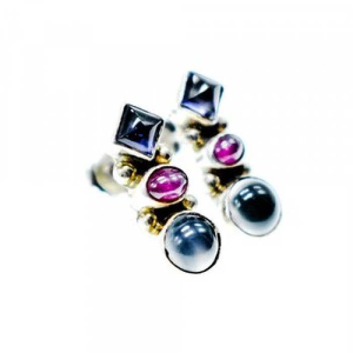925 Sterling Silver Moonstone, Sapphire & Ruby Stud Earrings