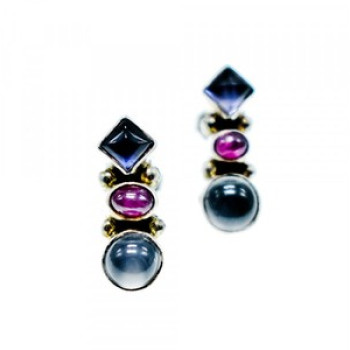 925 Sterling Silver Moonstone, Sapphire & Ruby Stud Earrings