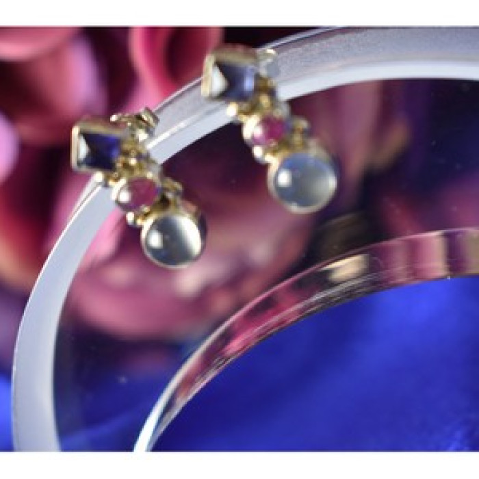 925 Sterling Silver Moonstone, Sapphire & Ruby Stud Earrings