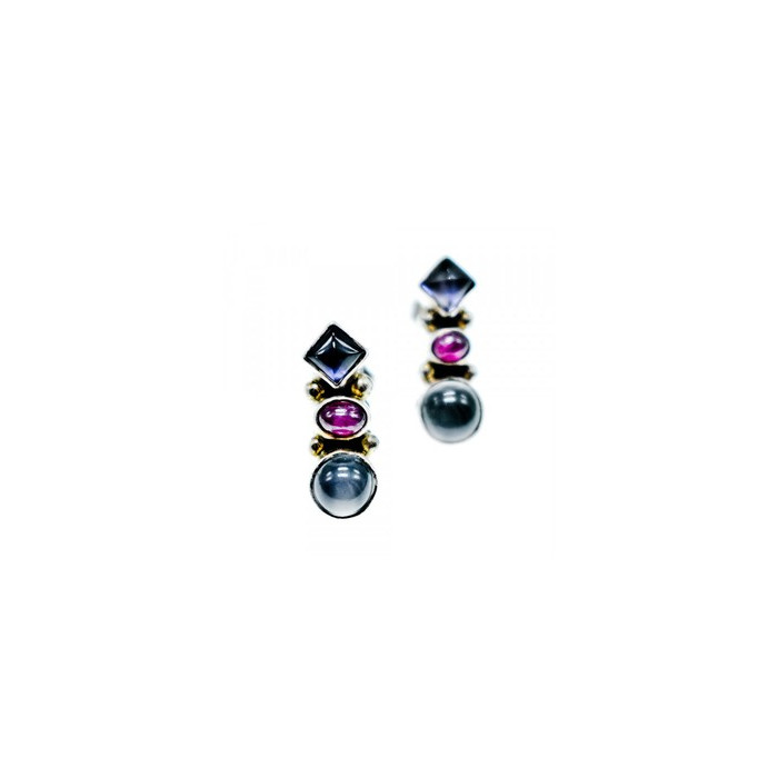925 Sterling Silver Moonstone, Sapphire & Ruby Stud Earrings