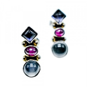 925 Sterling Silver Moonstone, Sapphire & Ruby Stud Earrings