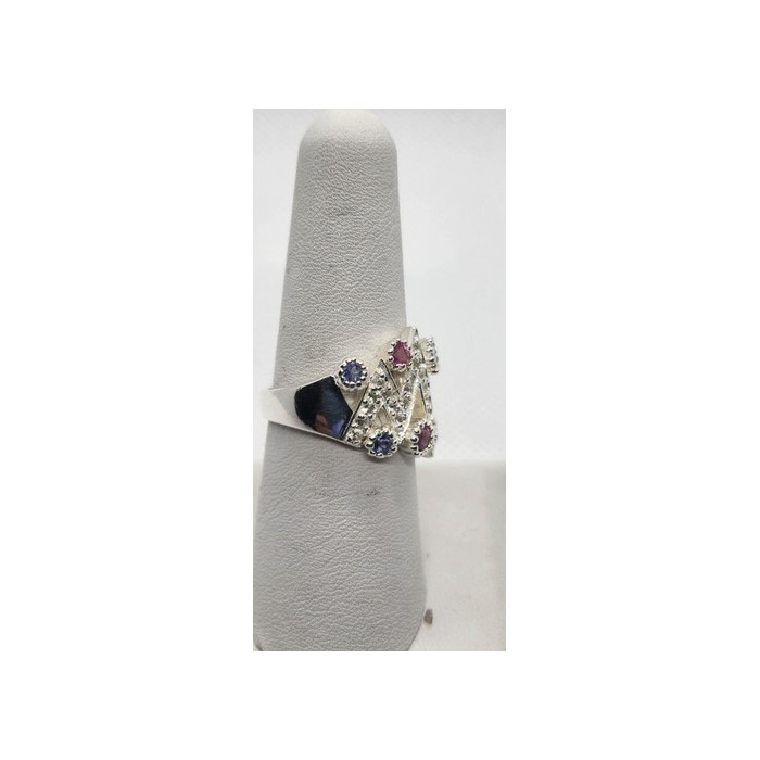 925 Sterling Silver With Morganite, Iolite & Goshenite Ring Size 8