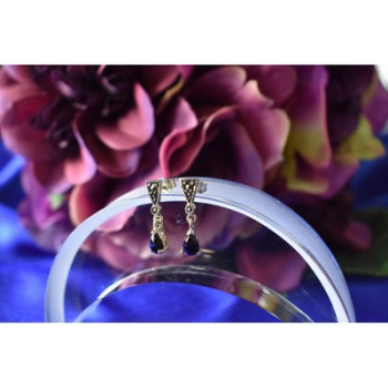 925 Sterling Silver Black Nephrite (jade) & Marcasites Earrings