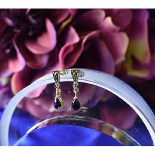925 Sterling Silver Black Nephrite (Jade) & Marcasites Earrings