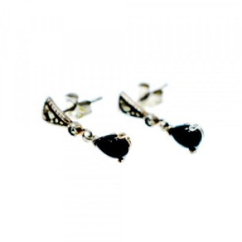 925 Sterling Silver Black Nephrite (Jade) & Marcasites Earrings