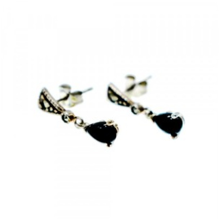 925 Sterling Silver Black Nephrite (Jade) & Marcasites Earrings