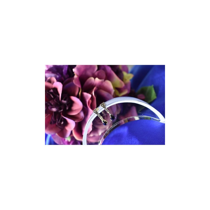 925 Sterling Silver Black Nephrite (jade) & Marcasites Earrings