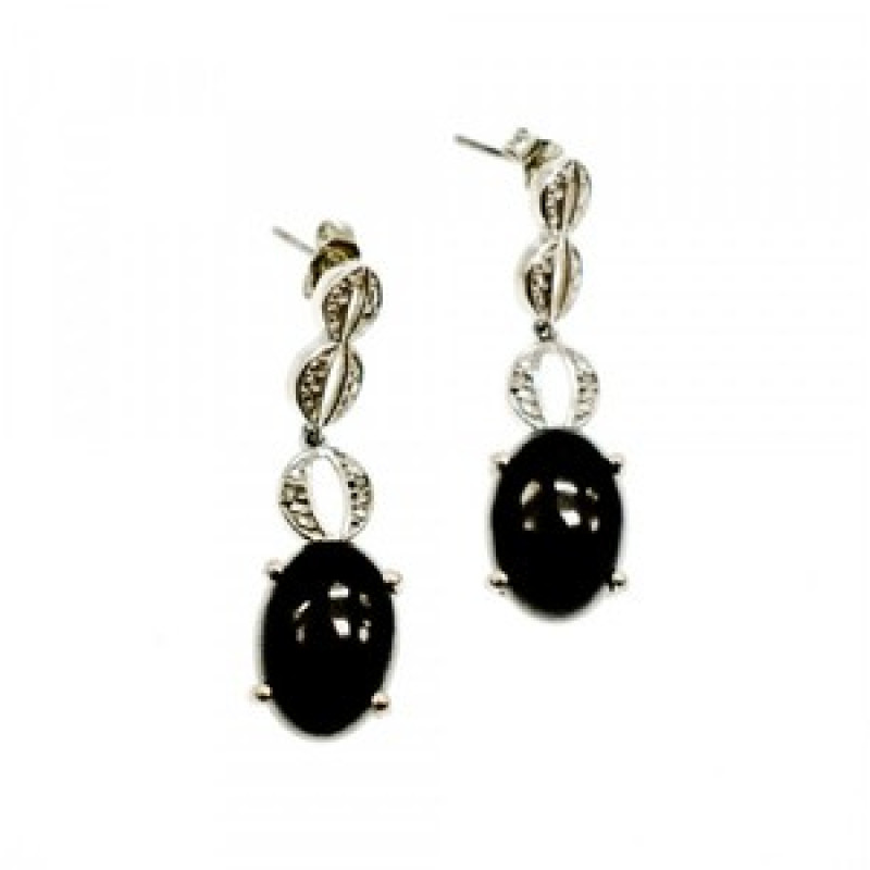 925 Sterling Silver Black Tourmaline & Clear Quartz Inlays Stud Earrings