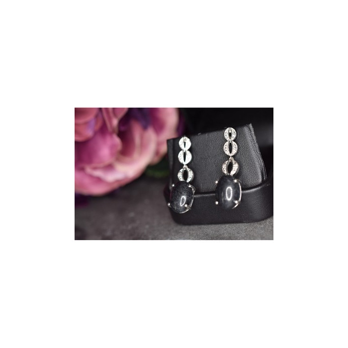 925 Sterling Silver Black Tourmaline & Clear Quartz Inlays Stud Earrings