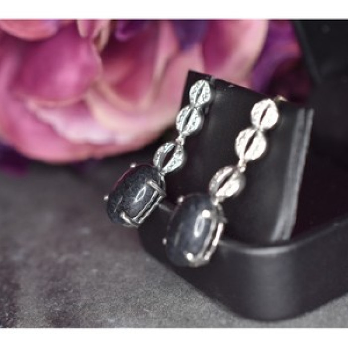 925 Sterling Silver Black Tourmaline & Clear Quartz Inlays Stud Earrings