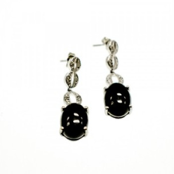 925 Sterling Silver Black Tourmaline & Clear Quartz Inlays Stud Earrings
