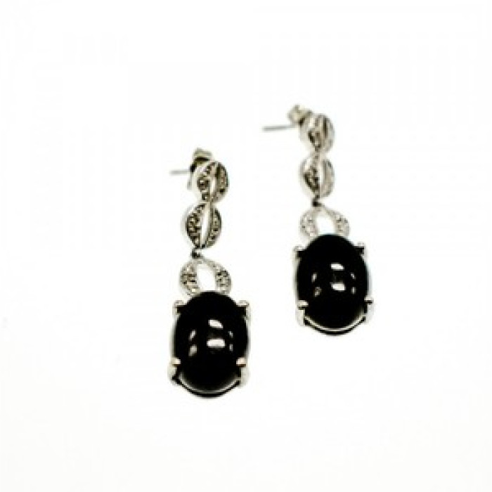 925 Sterling Silver Black Tourmaline & Clear Quartz Inlays Stud Earrings