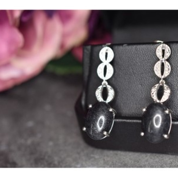 925 Sterling Silver Black Tourmaline & Clear Quartz Inlays Stud Earrings