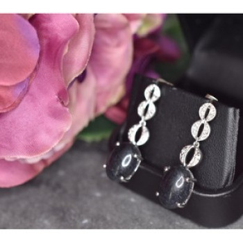 925 Sterling Silver Black Tourmaline & Clear Quartz Inlays Stud Earrings