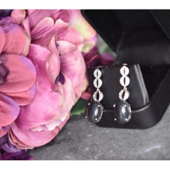 925 Sterling Silver Black Tourmaline & Clear Quartz Inlays Stud Earrings