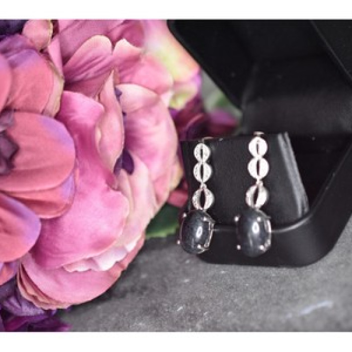 925 Sterling Silver Black Tourmaline & Clear Quartz Inlays Stud Earrings