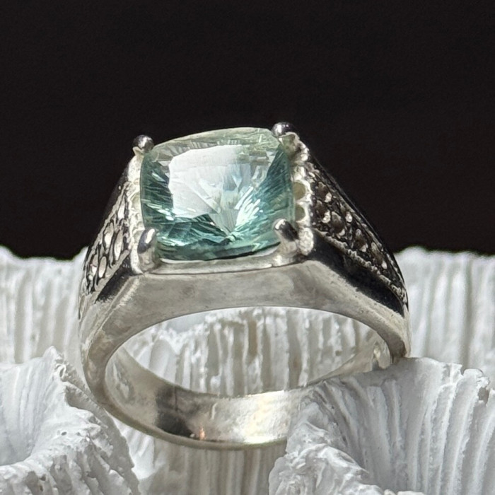 925 Sterling Silver Prasiolite Men'S Ring Size 9